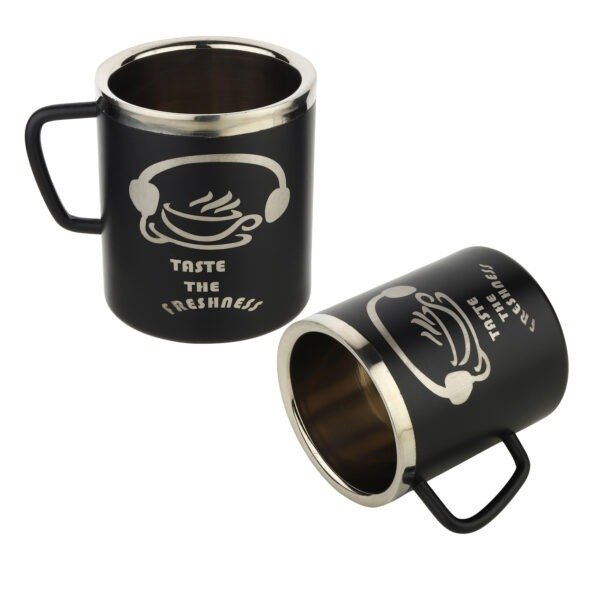 powder coated coffee mug 2 pieces of black soaber mug laser marking on white background