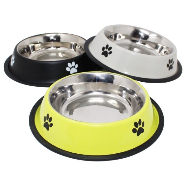 three colour anti skid dog and cat feeding bowl on white background
