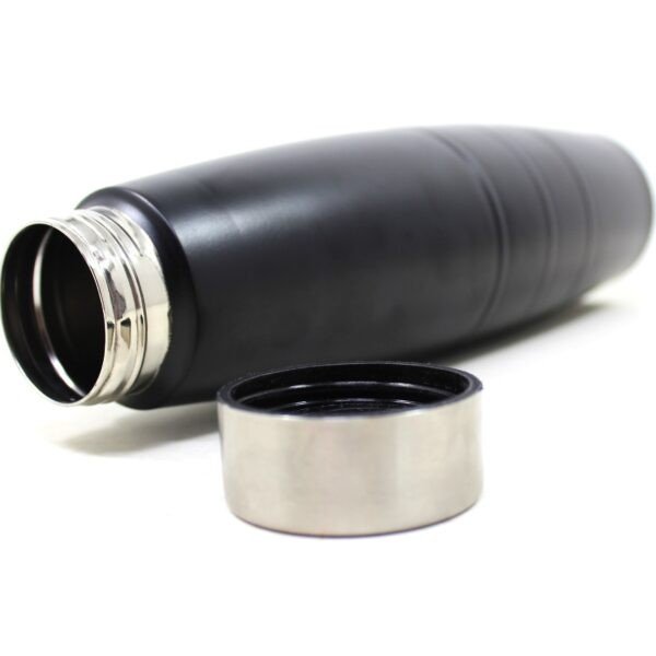 Lying single wall water bottle black color with silver color cap on white background