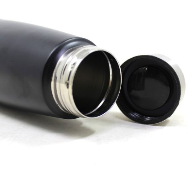 Inner and lid view of black color single wall water bottle on white background