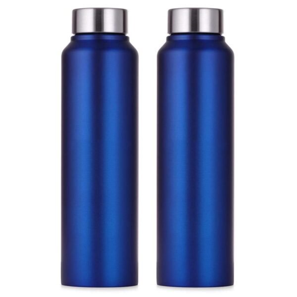 Two pieces of classic shape blue color single wall fridge water bottle on white background