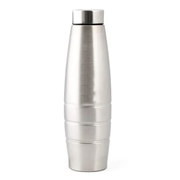 Belly shape single wall silver color fridge water bottle on white background