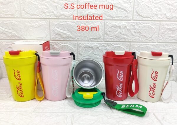 Live image with available colors in cola insulated thermal vacuum coffee cup on white decorative background
