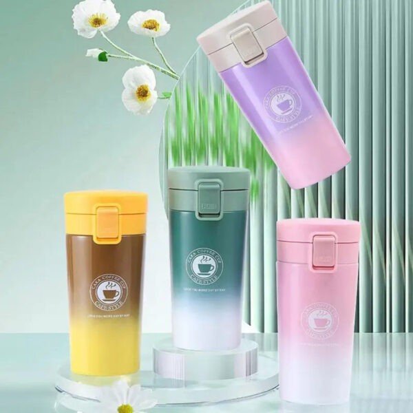 Podium of dual shade insulated coffee mug having assorted color on decorative background