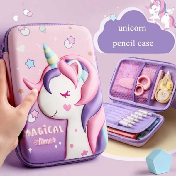 EVA 7D Pencil Pouch multi color showing multiple compartment on decorative background