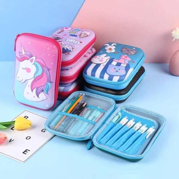 Multiple pencil pouches having assorted colors and Prints and showing inner view which having compartment on decorative background