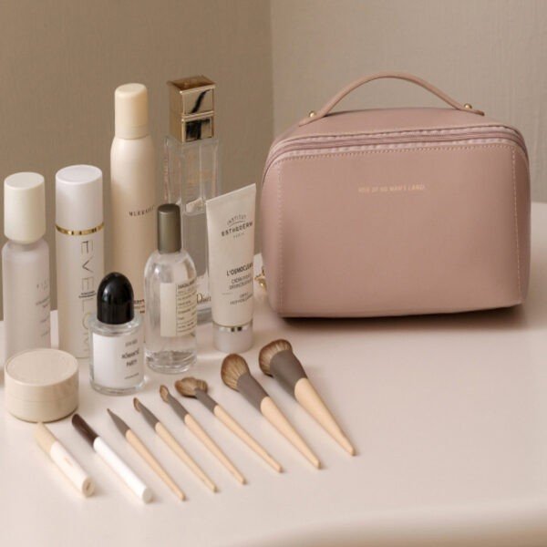 Showing some feature make-up pouch heavy brown color on decorative background