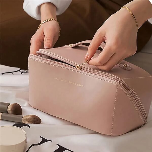 Showing some feature make-up pouch heavy brown color on decorative background