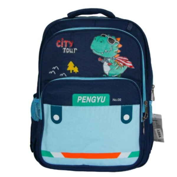 cartoon printed kids school backpack blue color on white background