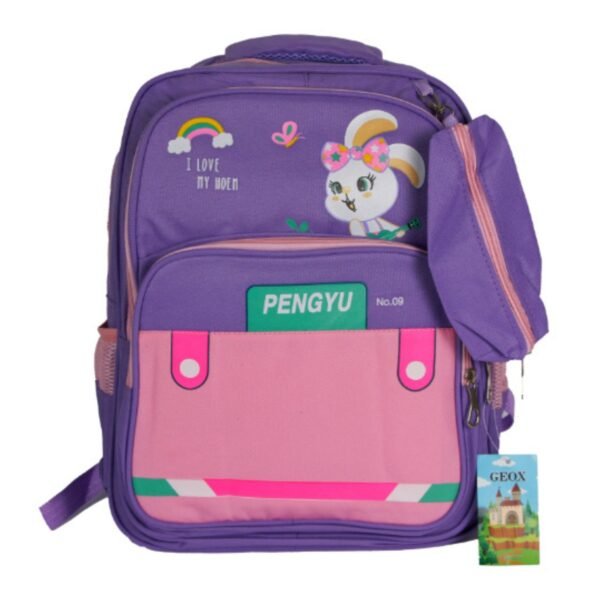 printed kids backpack blue color showing back side with white bakcground