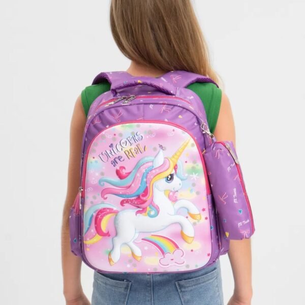 kids school backpack hanging on girls shoulder on white background