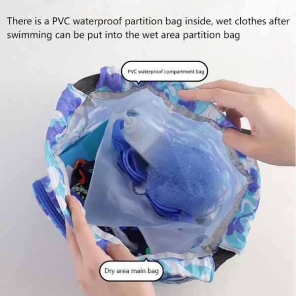 Inner compartment of swimming bag on decorative background
