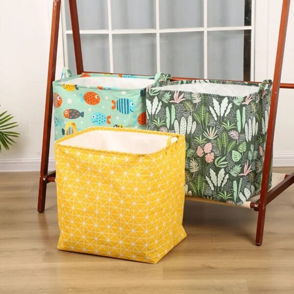 printed laundry basket showing some feature on decorative background