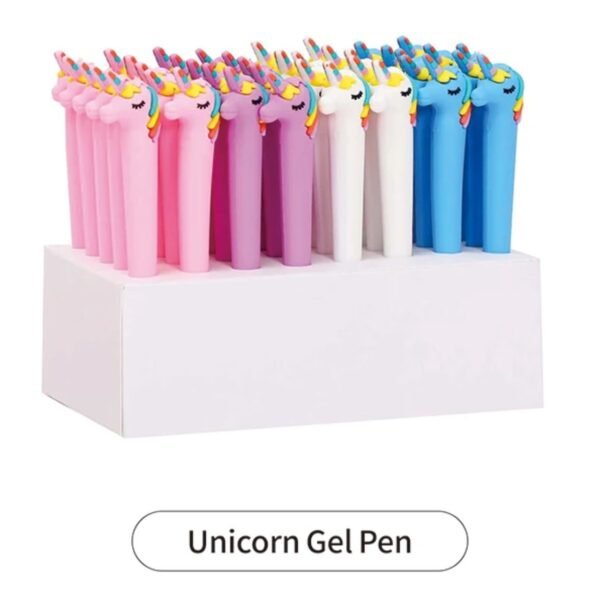 Unicorn character silicone gel ink pen in it's display box packing on white background
