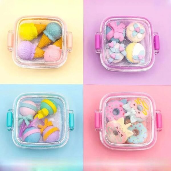 Rubber Mini Ice-cream Plus Candy Shape Pencil Eraser Set | Kawaii | 4Psc Set | Assoretd Colors | Box Packing - Image 2