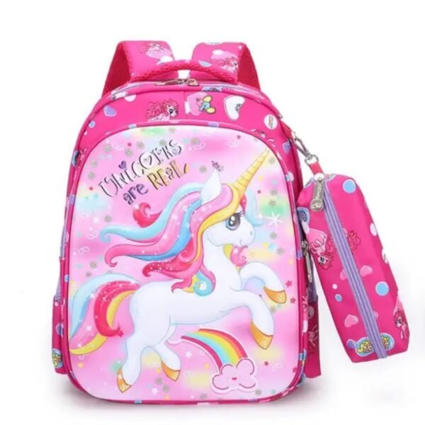 Pink color unicorn printed kids backpack with pencil pouch on white background