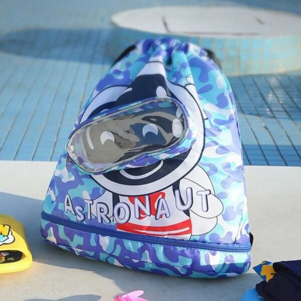 Blue color beach bag on decorative background