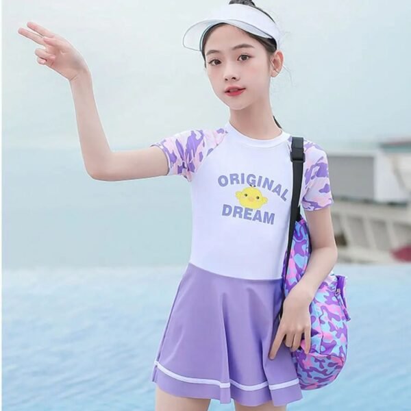 Kids hanging swimming bag on Purple background