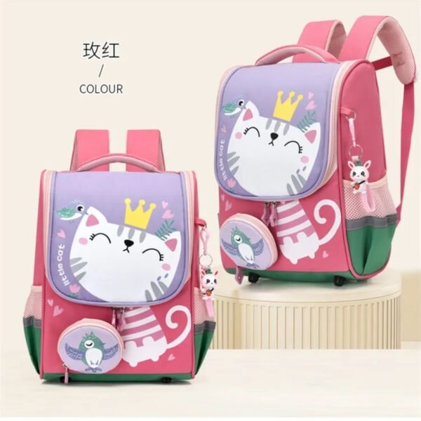 showing podium of kids printed backpack on decorative background