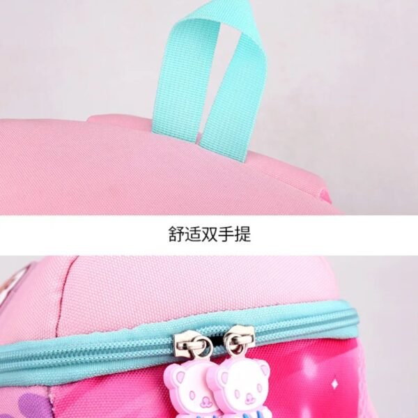 Handle and chain of kids backpack on decorative background