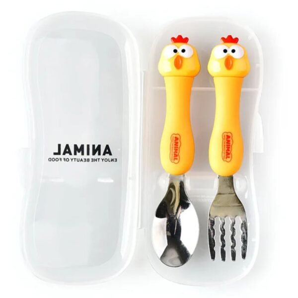 Stainless Steel Animal Cartoon Printed Design Spoon & Fork Cutlery Set | 2Psc Set | Assorted Colors & Designs | Plastic Box Packing - Image 2