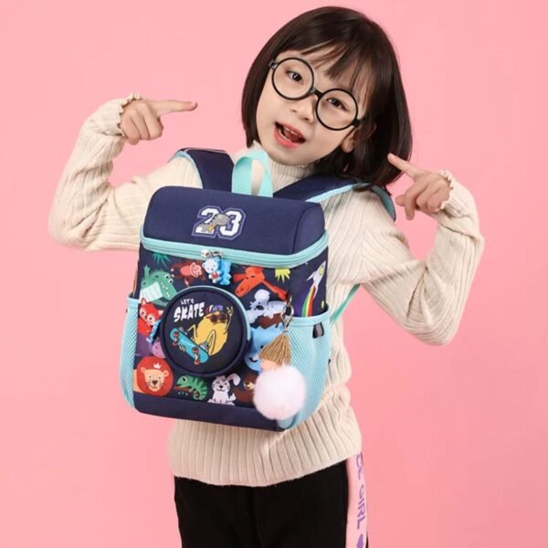 Girl hanging kids space print blue color backpack