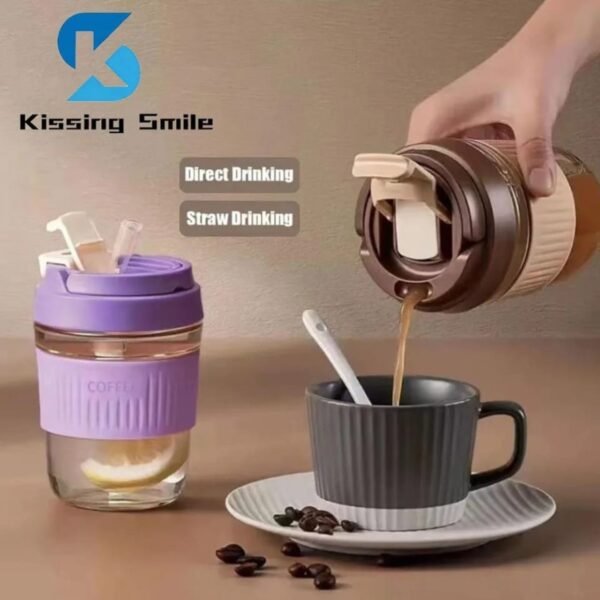 Glass Travell Coffee Mug with Silicone Straw | Dual Flip Lock Mug | 350 Ml | Silicone Sleeves | Assorted Colors & Box Packing - Image 3