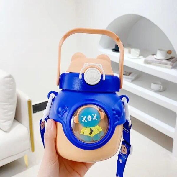 Stainless Steel Cartoon Thermos Cup with Cute Straw & Strap | Push Lock Button & Plastic Sleeves | 680 Ml | Assorted Colors | Box Packing - Image 6