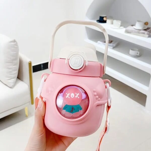Stainless Steel Cartoon Thermos Cup with Cute Straw & Strap | Push Lock Button & Plastic Sleeves | 680 Ml | Assorted Colors | Box Packing - Image 2