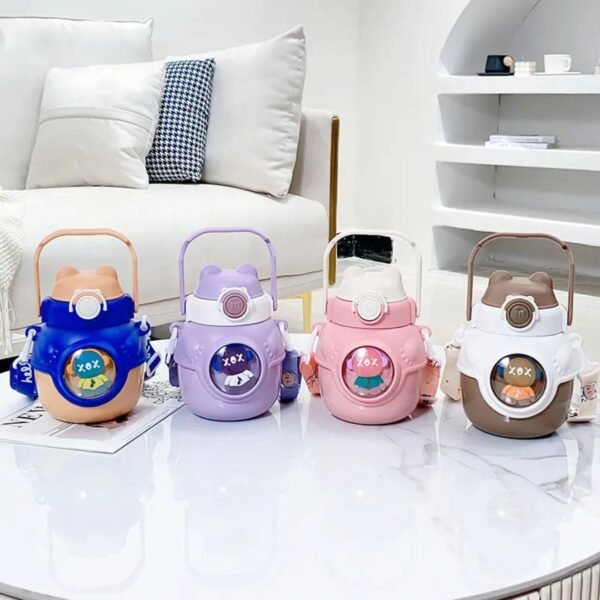 Stainless Steel Cartoon Thermos Cup with Cute Straw & Strap | Push Lock Button & Plastic Sleeves | 680 Ml | Assorted Colors | Box Packing - Image 9