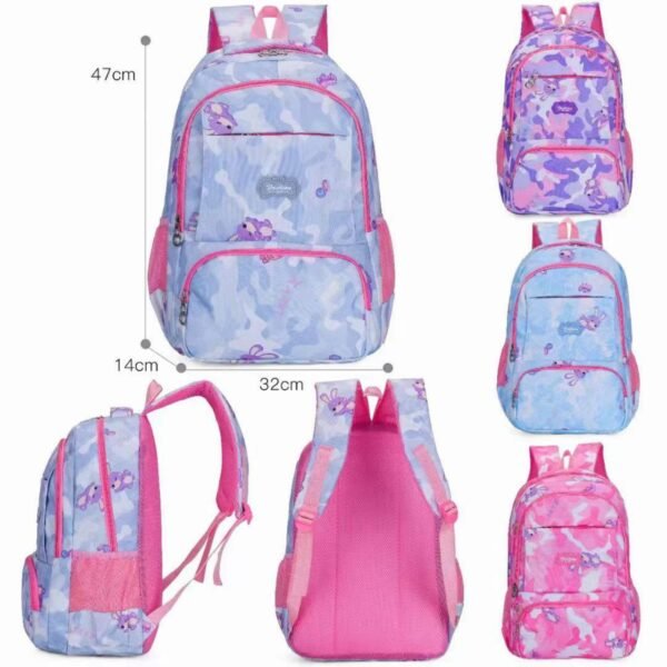 Cute Rabbit Printed Backpack showing some features on white background