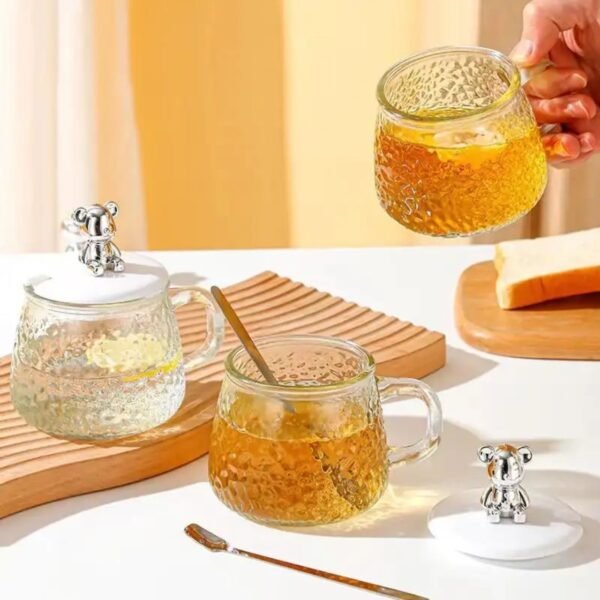 Glass Textured Coffee Mug with Lid and Spoon | Transparent | 420 Ml | Assorted Colors | Box Packing - Image 3