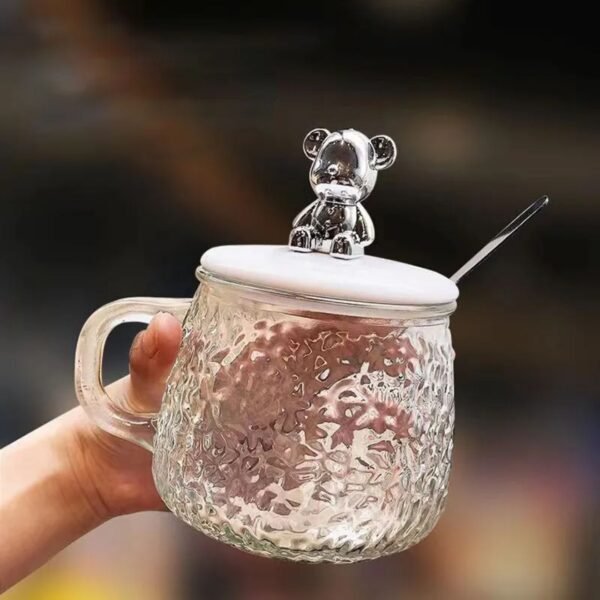 Glass Textured Coffee Mug with Lid and Spoon | Transparent | 420 Ml | Assorted Colors | Box Packing - Image 5