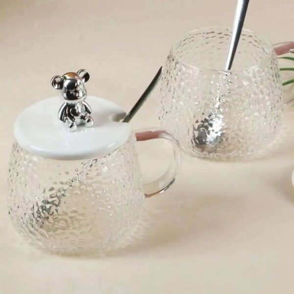 Glass Textured Coffee Mug with Lid and Spoon | Transparent | 420 Ml | Assorted Colors | Box Packing - Image 4