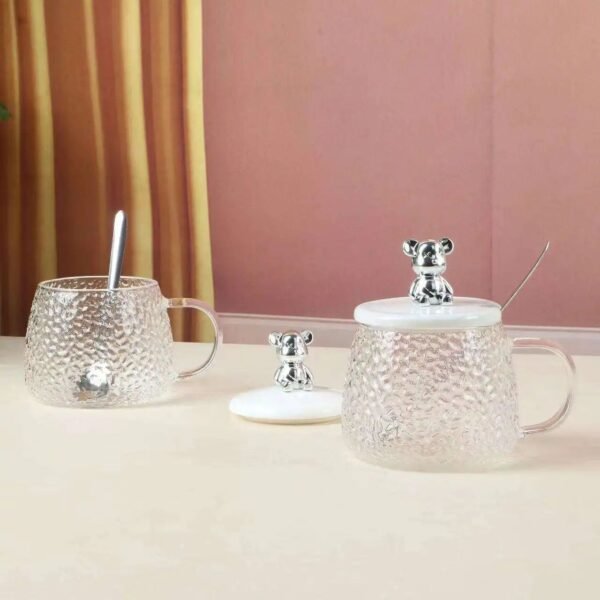 Glass Textured Coffee Mug with Lid and Spoon | Transparent | 420 Ml | Assorted Colors | Box Packing - Image 2