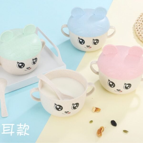 Wheat Straw Bowl with Spoon & Cap | Double Handle & Cap Mobile Holder | Cartoon Printed | 84x38x66 Cm | Assorted Colors | Box Packing - Image 5