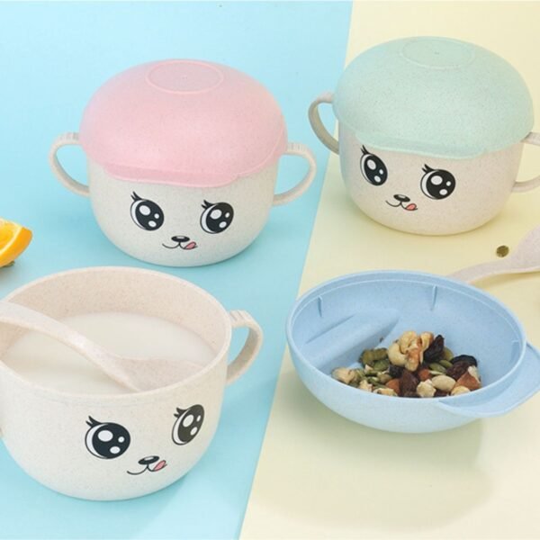 Wheat Straw Bowl with Spoon & Cap | Double Handle & Cap Mobile Holder | Cartoon Printed | 84x38x66 Cm | Assorted Colors | Box Packing - Image 3