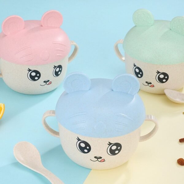 Wheat Straw Bowl with Spoon & Cap | Double Handle & Cap Mobile Holder | Cartoon Printed | 84x38x66 Cm | Assorted Colors | Box Packing - Image 2