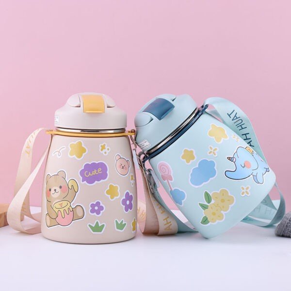 Stainless Steel Kids Thermos Cup with Straw & Strap | Double wall Insulations & Dual Sipper | Cartoon Prints Stickers | 500Ml | Assorted Colors | Box Packing - Image 8