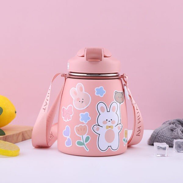 Stainless Steel Kids Thermos Cup with Straw & Strap | Double wall Insulations & Dual Sipper | Cartoon Prints Stickers | 500Ml | Assorted Colors | Box Packing - Image 4