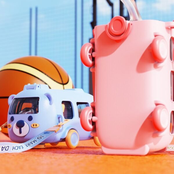 Plastic Baby Bus Water Bottle with Strap & Straw | Airtight & Leak-Proof | Push Lock Button | 500 Ml | Assorted Colors | Box Packing - Image 7