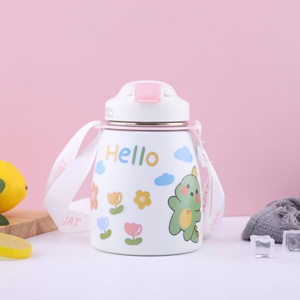 Stainless Steel Kids Thermos Cup with Straw & Strap | Double wall Insulations & Dual Sipper | Cartoon Prints Stickers | 500Ml | Assorted Colors | Box Packing - Image 2