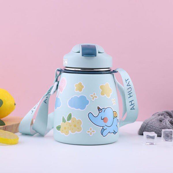 Stainless Steel Kids Thermos Cup with Straw & Strap | Double wall Insulations & Dual Sipper | Cartoon Prints Stickers | 500Ml | Assorted Colors | Box Packing - Image 3
