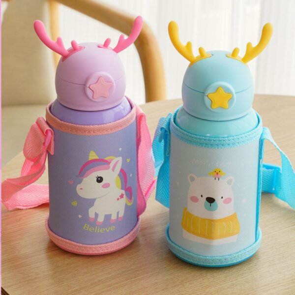 Stainless Steel Kids horn Sipper with Strap & Cover | Double wall Insulations | Leak-Proof | 500 ML | Assorted Colors | Box Packing - Image 2