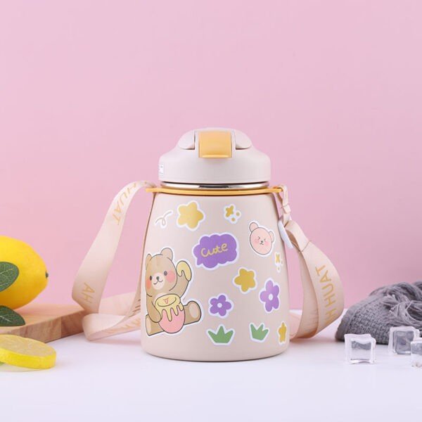 Stainless Steel Kids Thermos Cup with Straw & Strap | Double wall Insulations & Dual Sipper | Cartoon Prints Stickers | 500Ml | Assorted Colors | Box Packing - Image 5