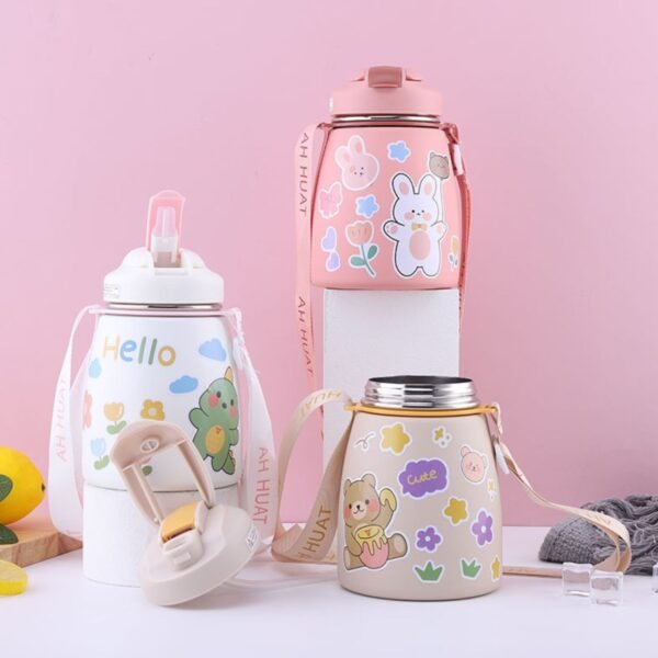 Stainless Steel Kids Thermos Cup with Straw & Strap | Double wall Insulations & Dual Sipper | Cartoon Prints Stickers | 500Ml | Assorted Colors | Box Packing - Image 6
