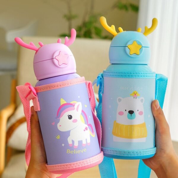 Stainless Steel Kids horn Sipper with Strap & Cover | Double wall Insulations | Leak-Proof | 500 ML | Assorted Colors | Box Packing - Image 3
