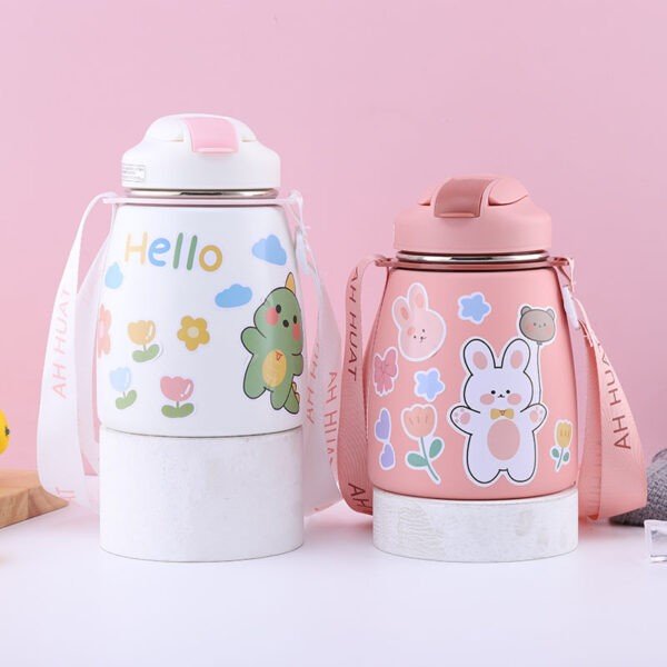 Stainless Steel Kids Thermos Cup with Straw & Strap | Double wall Insulations & Dual Sipper | Cartoon Prints Stickers | 500Ml | Assorted Colors | Box Packing - Image 7