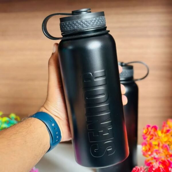 Senior Insulated Bottle with Carry Band | Wide Mouth | 1000 ML| Airtight Leak-Proof | Only Black Color | Box Packing - Image 2