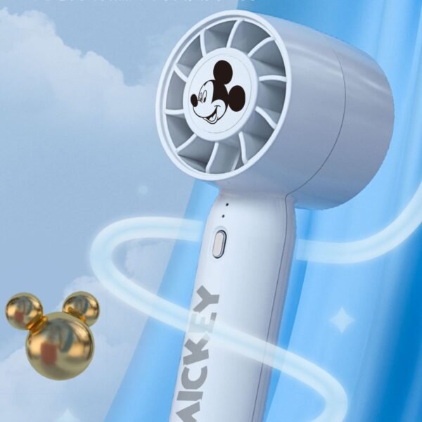 A while handheld fan with Mickey Mouse on it. The fan has a stand to prop it up. Fan is on blue and grey color dual tone background